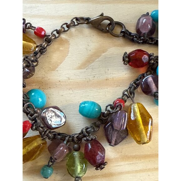 Copper Colored Beaded Charm Bracelet With Multicolor Beads Lobster Clasp Closure - Picture 4 of 5